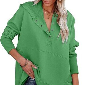 Women's Green Oversized V Neck Pullover Loose Fit Henley Hoodie Size Medium